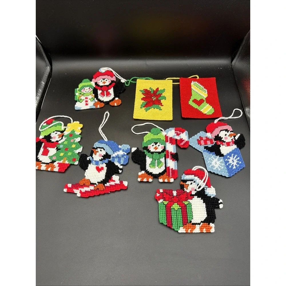 Lot of 8 Plastic Canvas Ornaments Christmas Penguin Snowman Cottage
